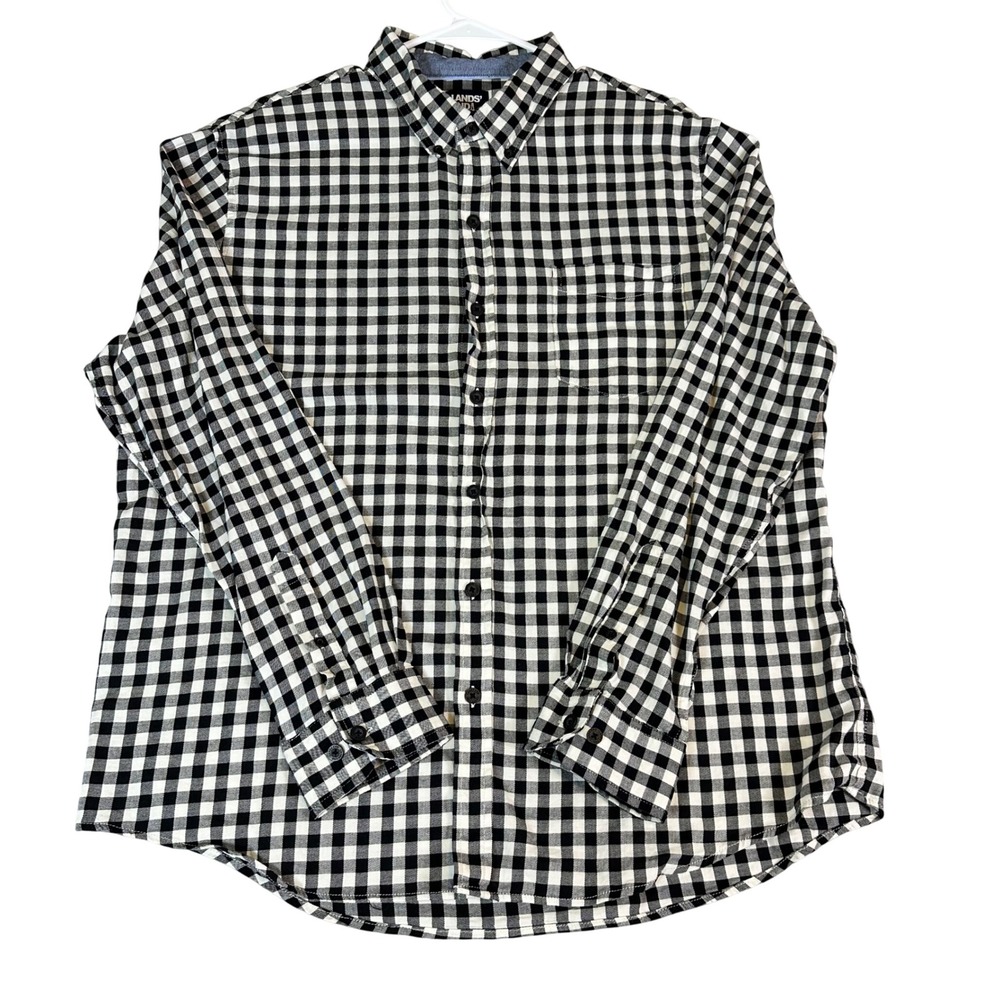 Lands End Mens XXL Gingham Check Button Down Shirt Black White Long Sleeve